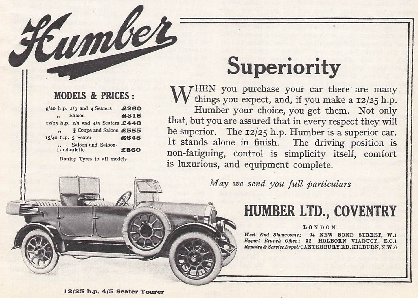 Small original printed advert for Humber Cars from 1926
