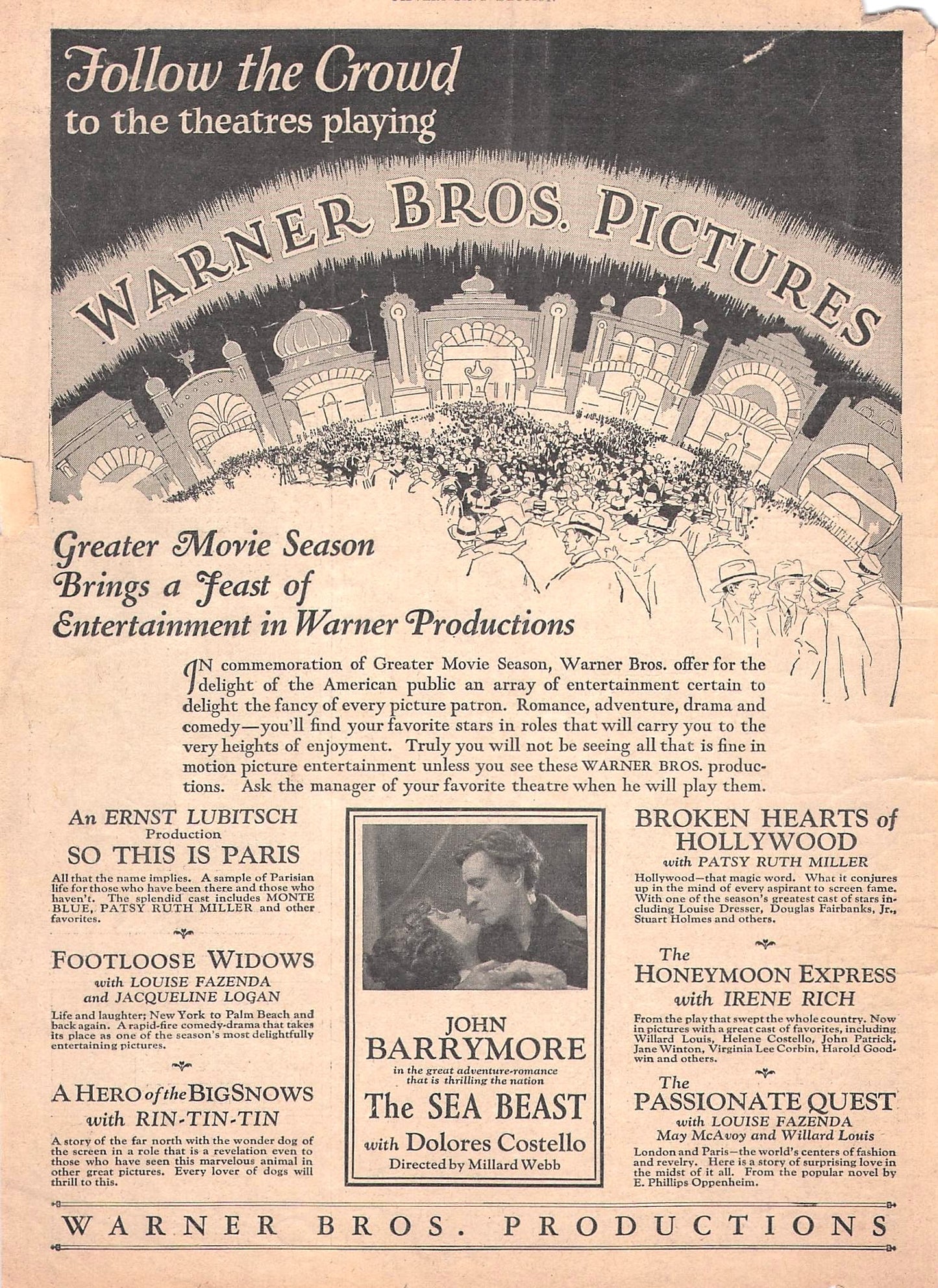 Original printed advert for Warner Bros Releases 1926