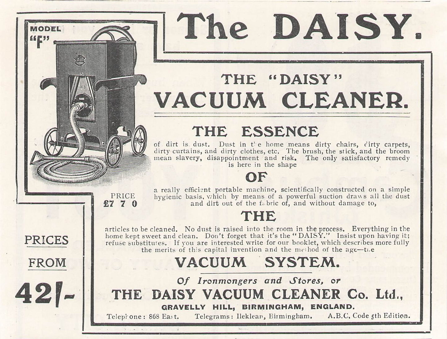 Original printed advert for Daisy Vacuum Cleaner from 1911