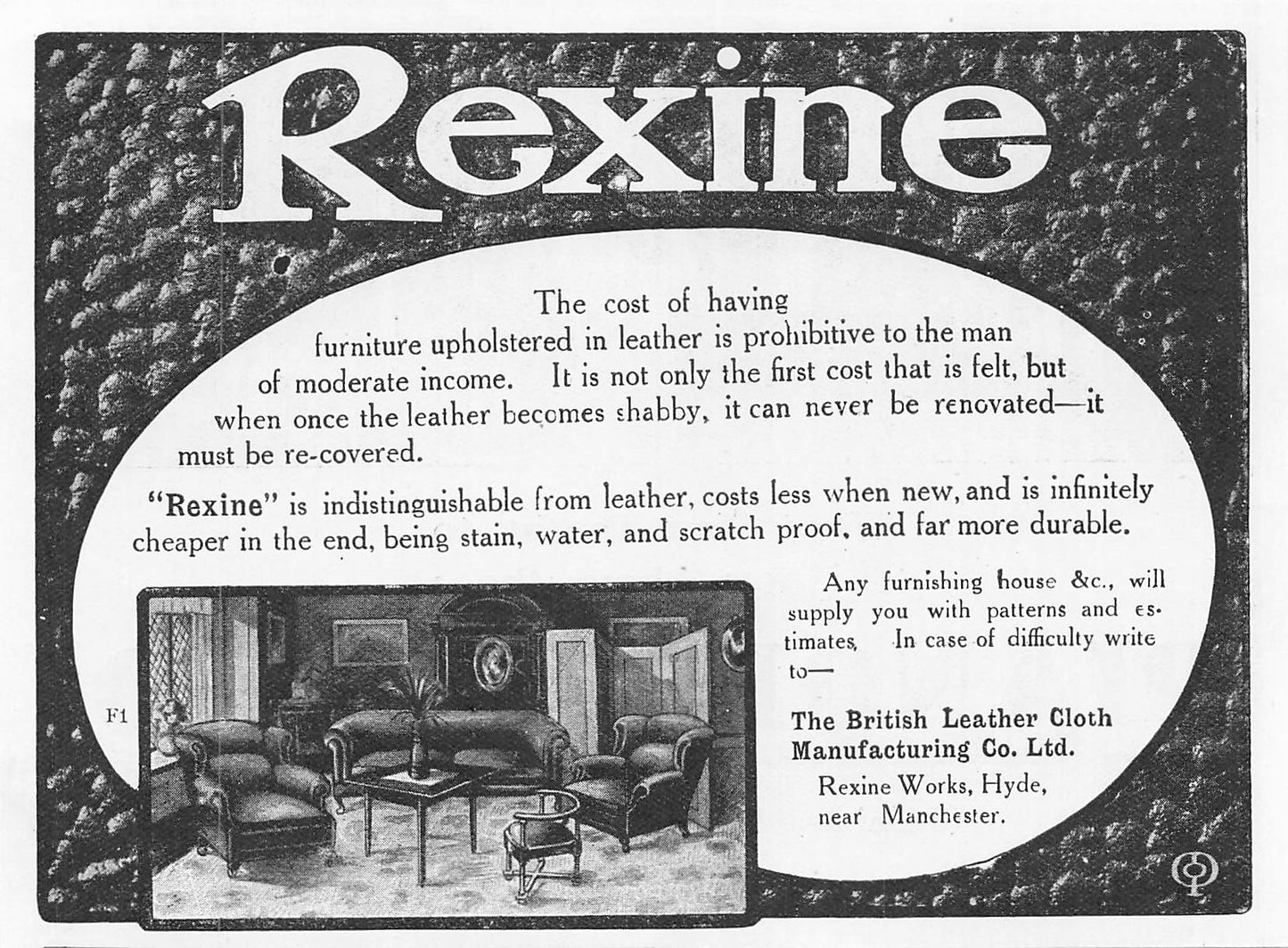 Original small printed advert for Rexine from 1911
