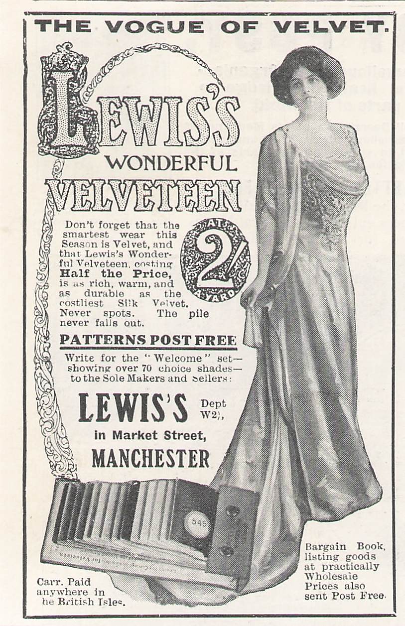 Original small printed advert for Lewis's Velveteen 1911
