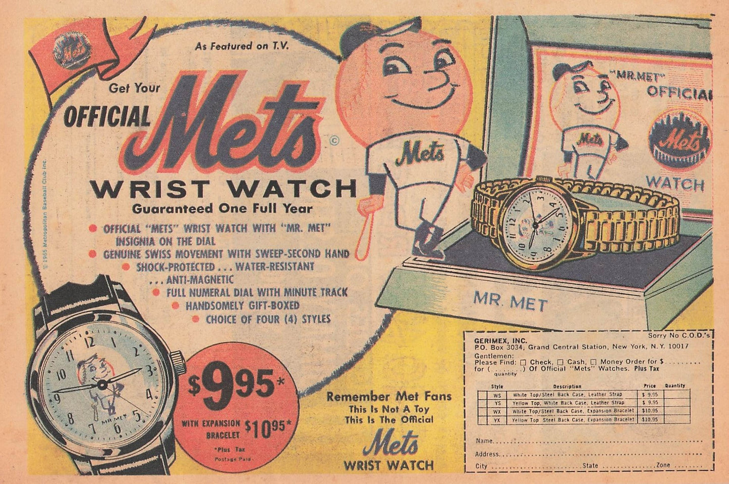 Original printed advert for Official Mets Wrist Watch 1965