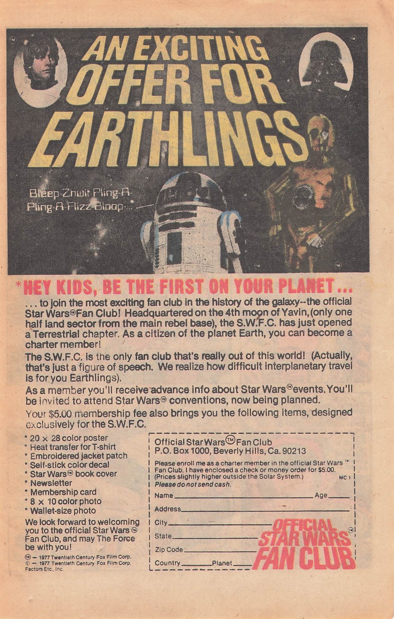 Original printed advert for Official Star Wars Fan Club 1978