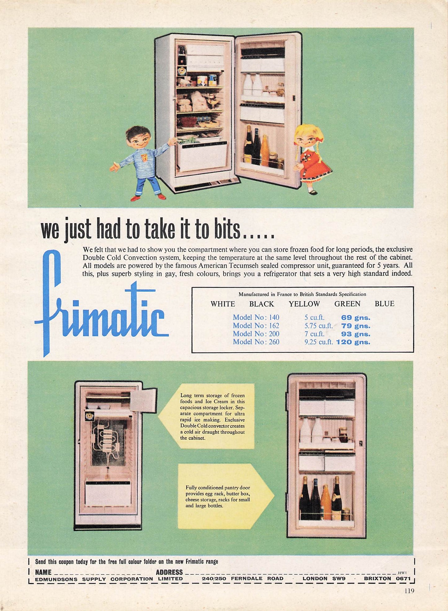 Original printed advert for Frimatic Fridges from 1961