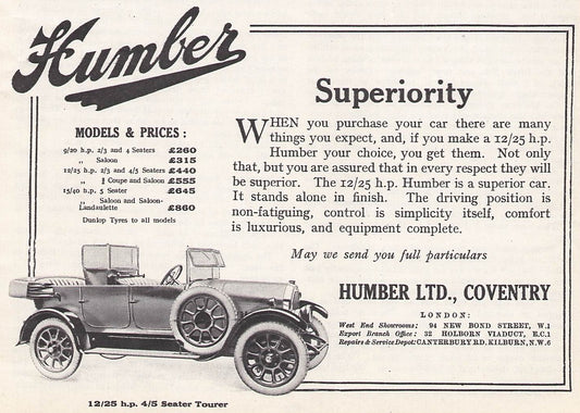 Small original printed advert for Humber Cars from 1926