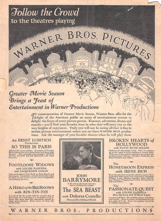 Original printed advert for Warner Bros Releases 1926