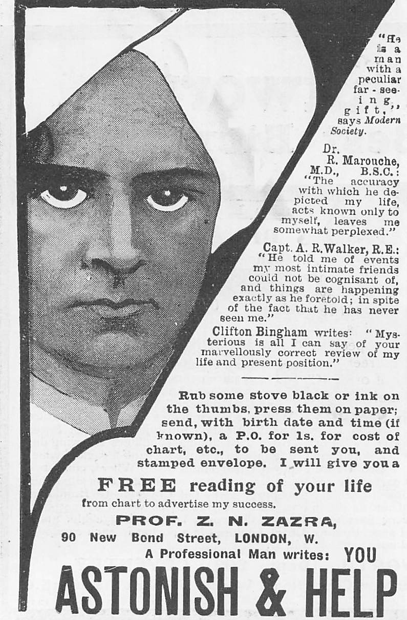 Original small printed advert for Professor Zazra from 1911