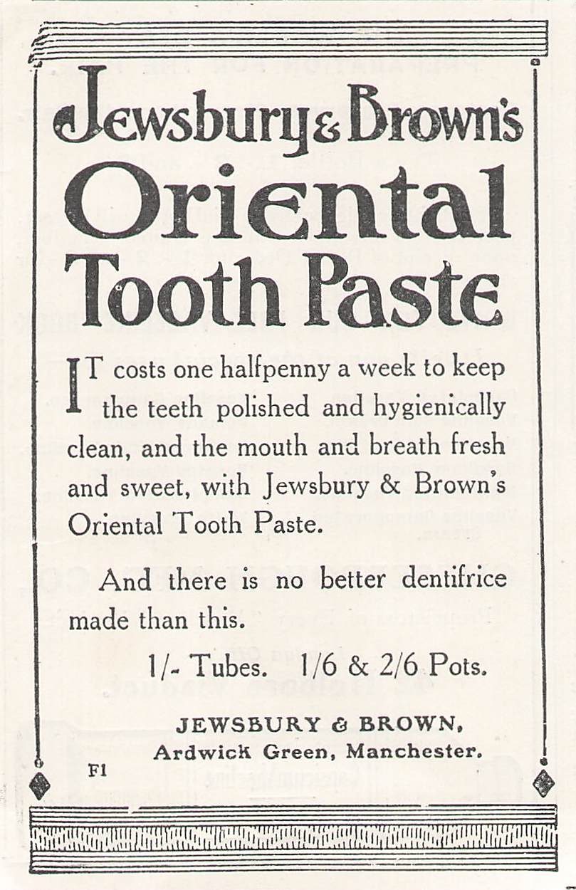 Original small printed advert for Jewsbury & Brown's Toothpaste 1911