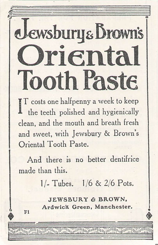 Original small printed advert for Jewsbury & Brown's Toothpaste 1911