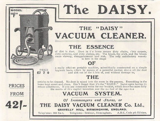 Original printed advert for Daisy Vacuum Cleaner from 1911