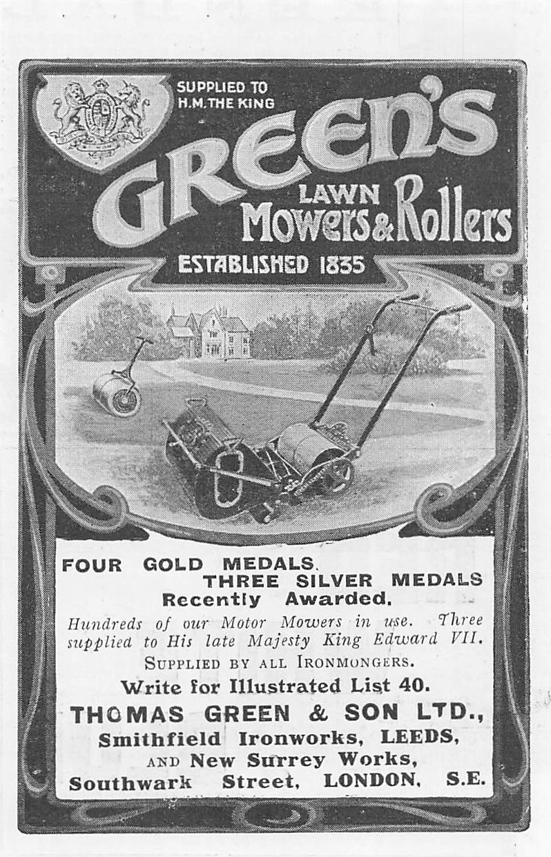 Original small printed advert for Green's Lawn Mowers 1911