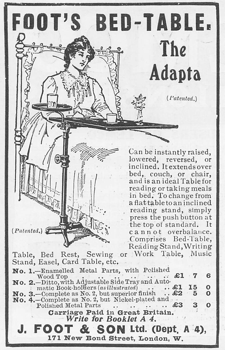 Original small printed advert for  Foot's Bed Table from 1911