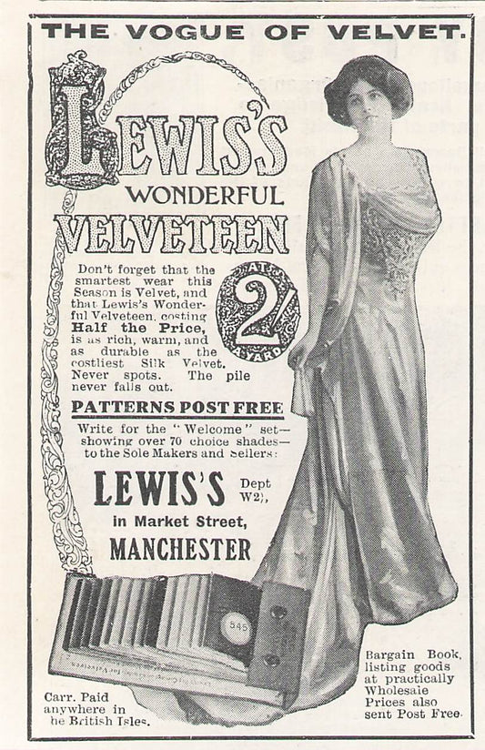 Original small printed advert for Lewis's Velveteen 1911