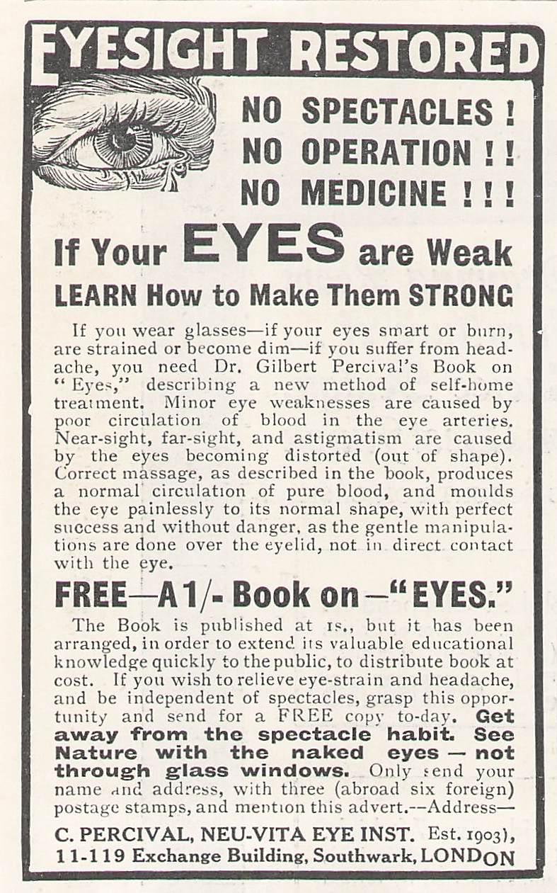 Original small printed advert for Neu-Vita Eye Institute 1911