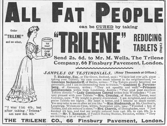 Original small printed advert for Trilene Fat Tablets 1906