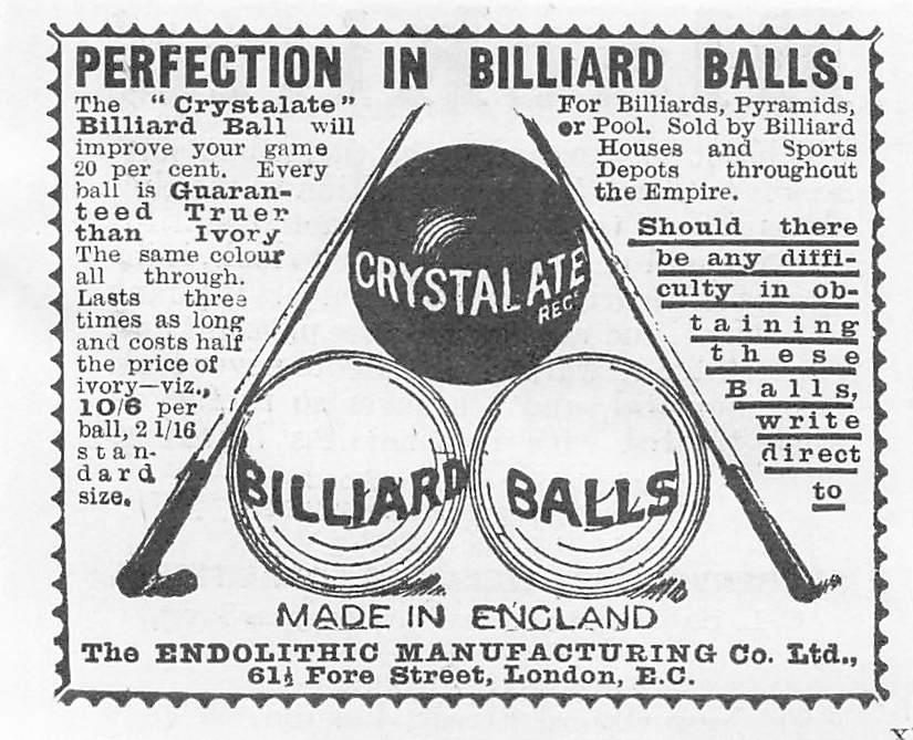 Original very small printed advert for Crystalate Billiard Balls 1906