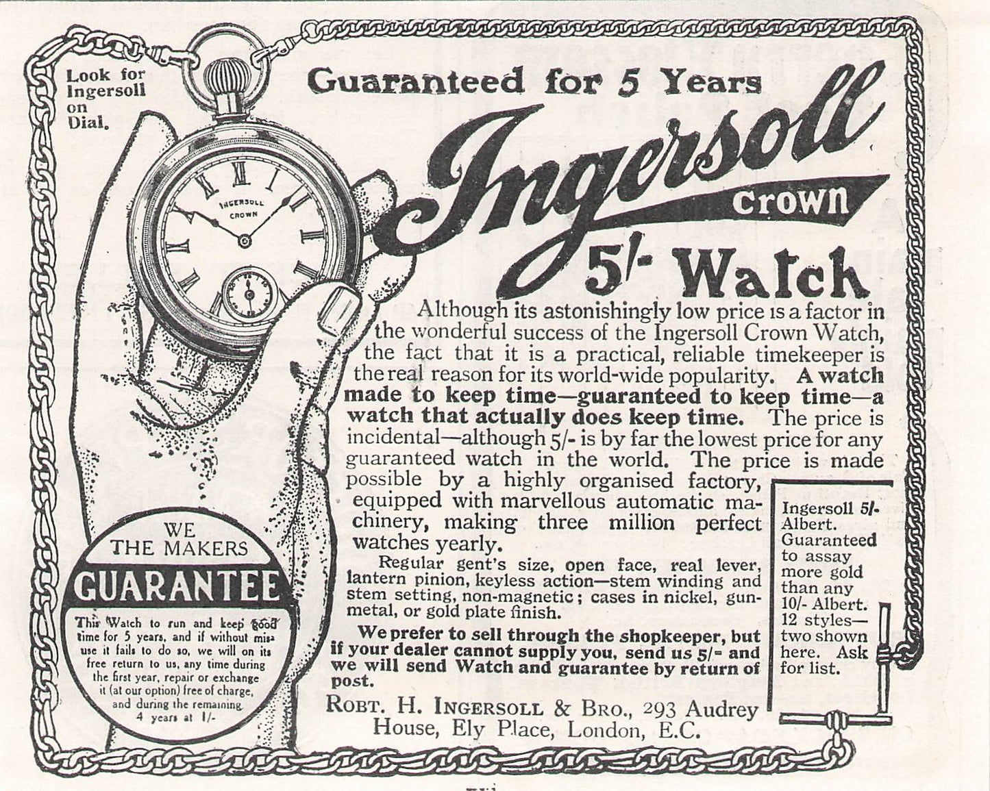 Original small printed advert for Ingersoll Crown Watch 1906