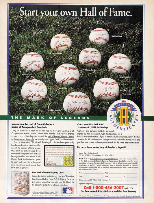 Original printed advert for Hall of Fames Baseballs 1992
