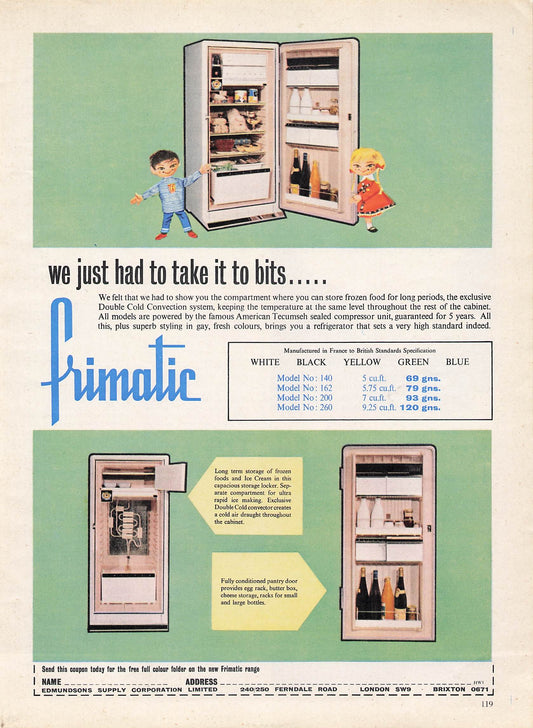 Original printed advert for Frimatic Fridges from 1961