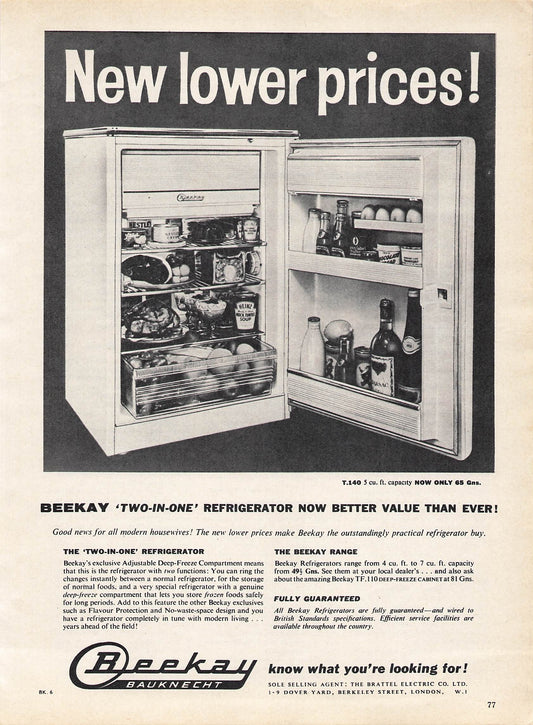 Original printed advert for Beekay Refrigerator 1961