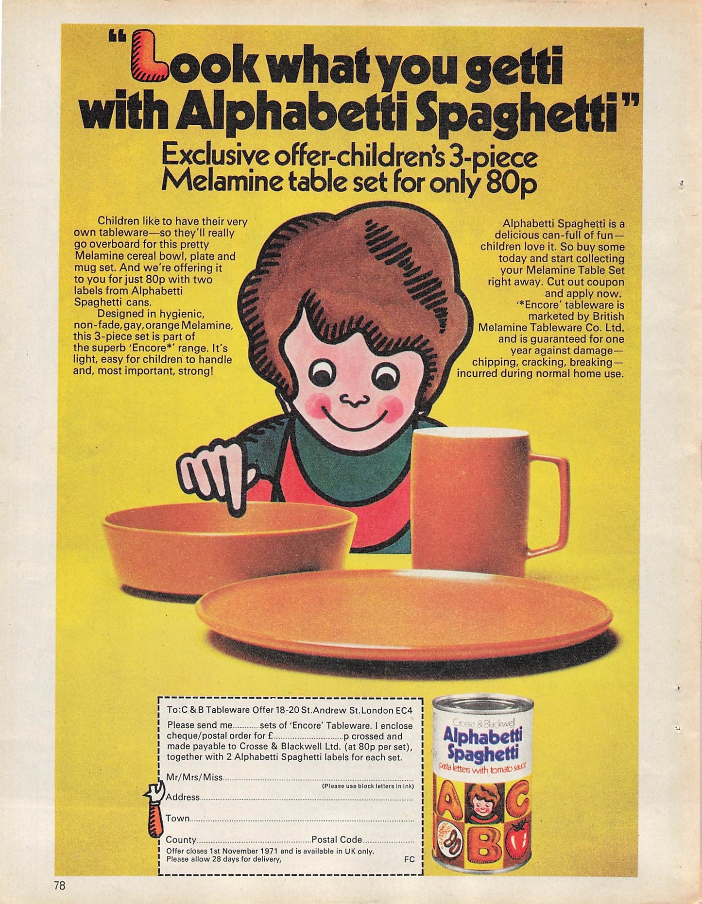 Original printed advert for Alphabetti Spaghetti 1971