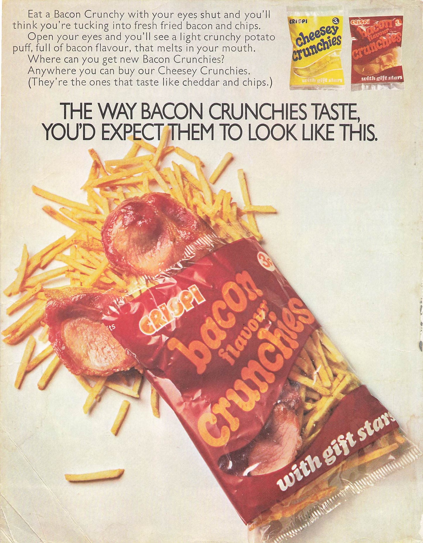 Original printed advert for Crispi Bacon Crunchies 1971