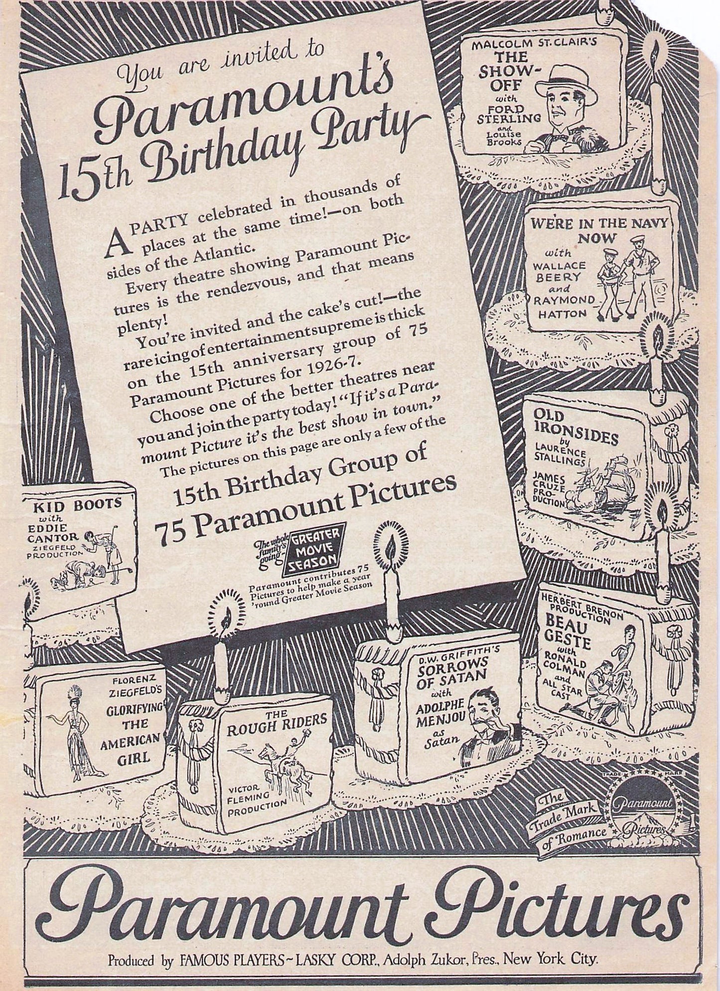 Original printed advert for Paramount Pictures 15th Birthday 1926