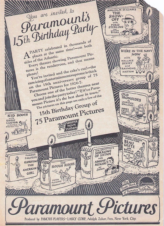 Original printed advert for Paramount Pictures 15th Birthday 1926