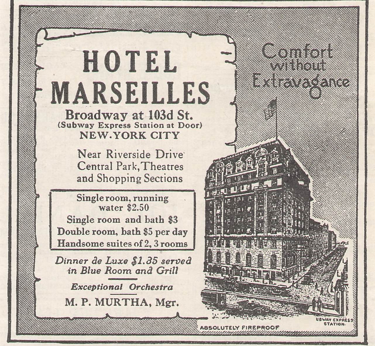 Original printed advert for Hotel marseilles 1926