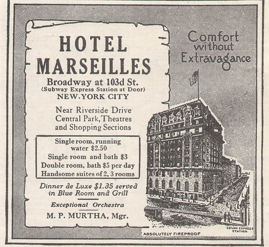 Original printed advert for Hotel marseilles 1926