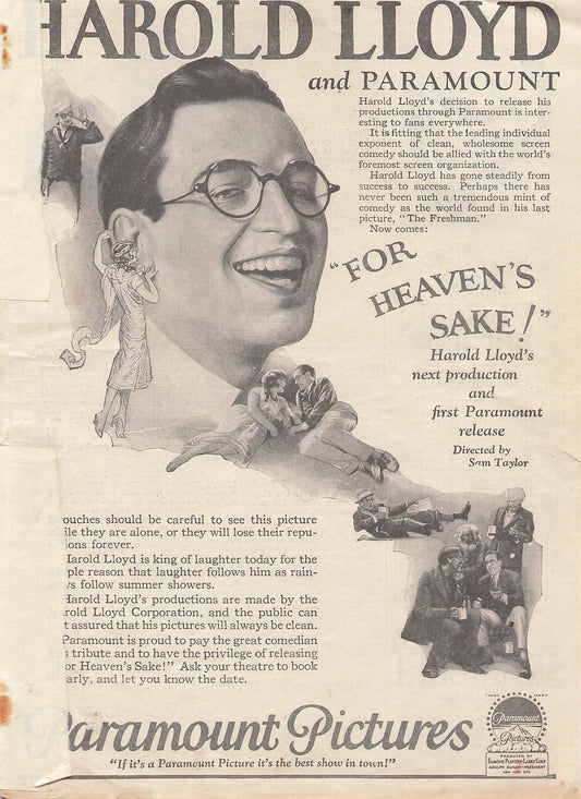 Original printed advert for Harold Lloyd's For Heavens Sake 1926